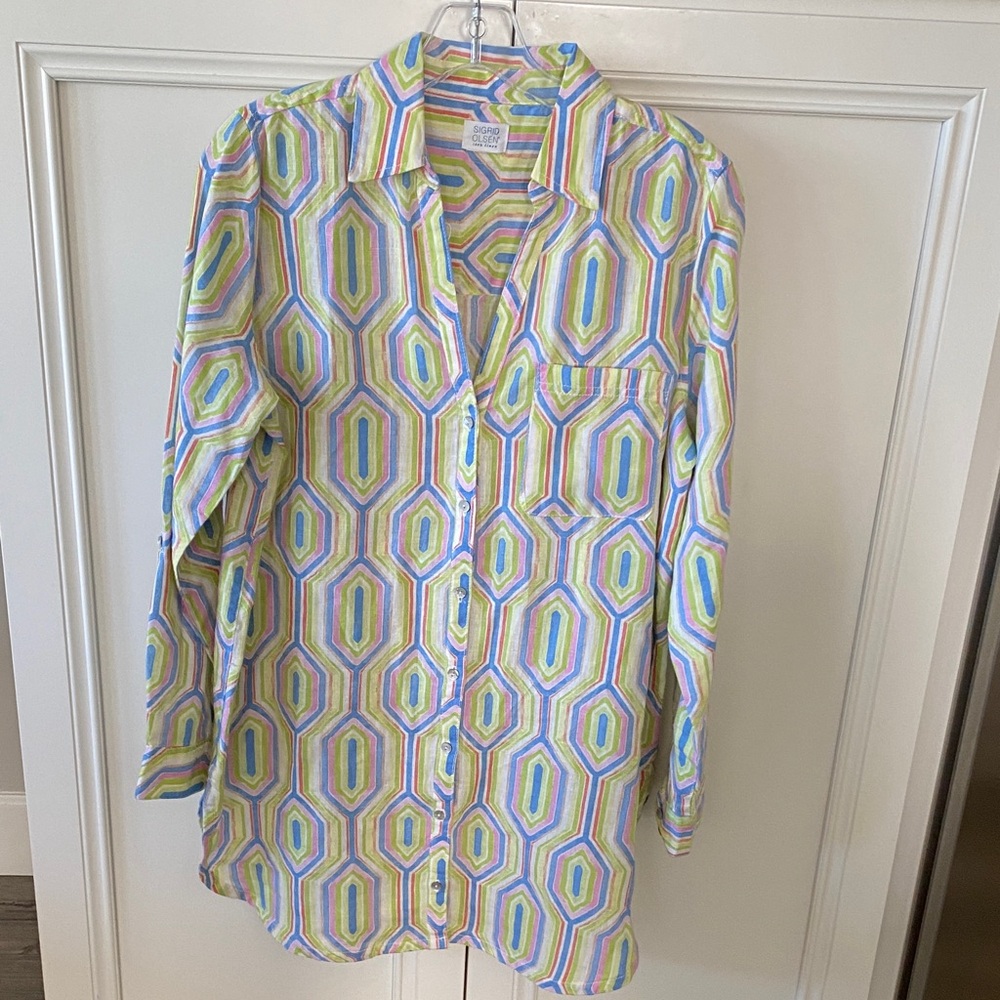 Sigrid Olsen Linen Button Down Tunic Geometric pattern size M